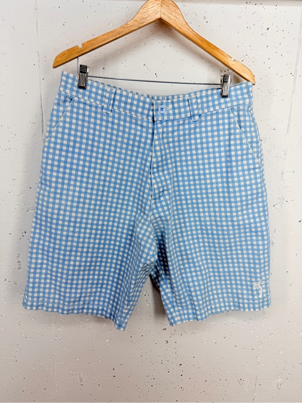 Local Motion Y2K Vintage Men’s 32 light blue and white gingham checkered shorts